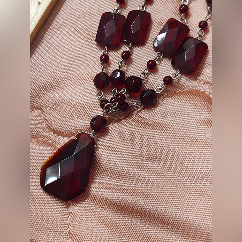 Antique Ruby Red Glass Drop Necklace - image 2